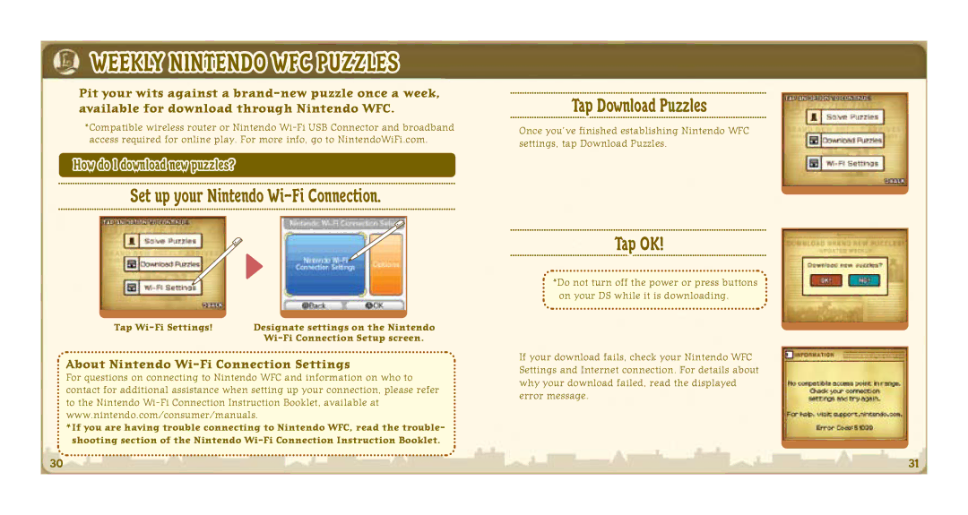 Nintendo 64327A manual Weekly Nintendo WFC Puzzles, About Nintendo Wi-Fi Connection Settings 