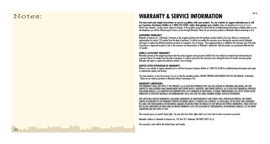 Nintendo 64327A manual Warranty & Service Information 