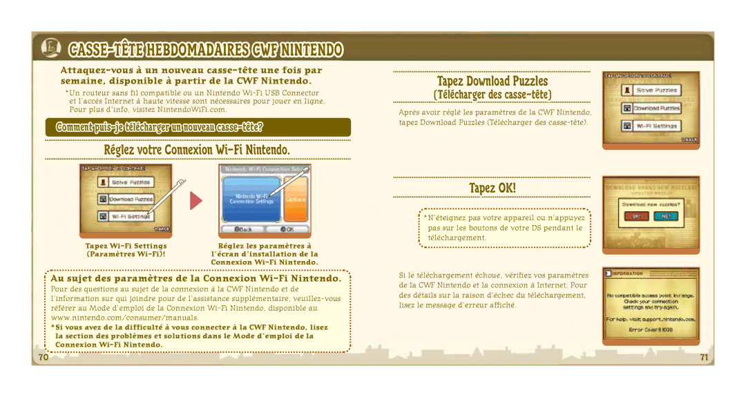 Nintendo 64327A manual CASSE-TÊTE Hebdomadaires CWF Nintendo, Au sujet des paramètres de la Connexion Wi-Fi Nintendo 