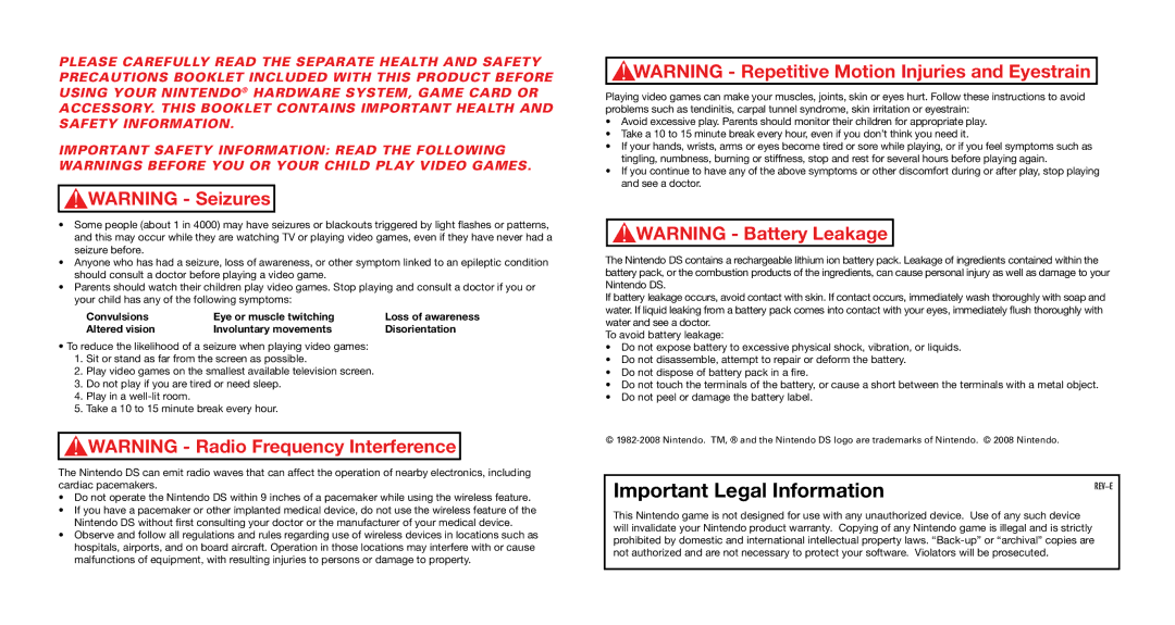 Nintendo 67376A manual Important Legal Information 