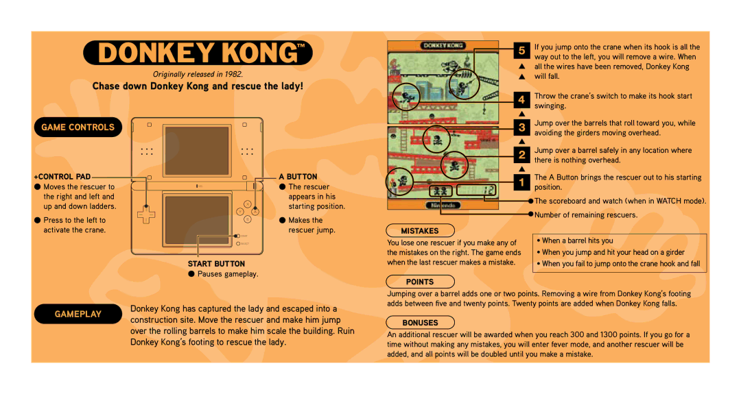 Nintendo 67376A manual Chase down Donkey Kong and rescue the lady, Donkey Kong’s footing to rescue the lady 