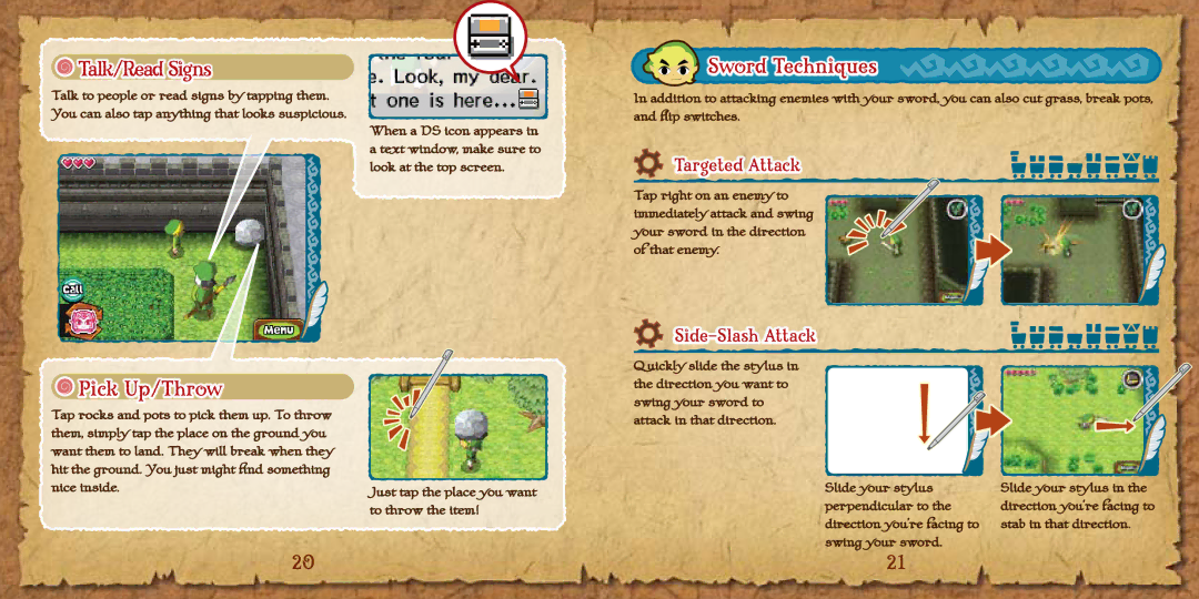 Nintendo 69178A manual Talk/Read Signs, Pick Up/Throw, Sword Techniques, Targeted Attack, Side-Slash Attack 
