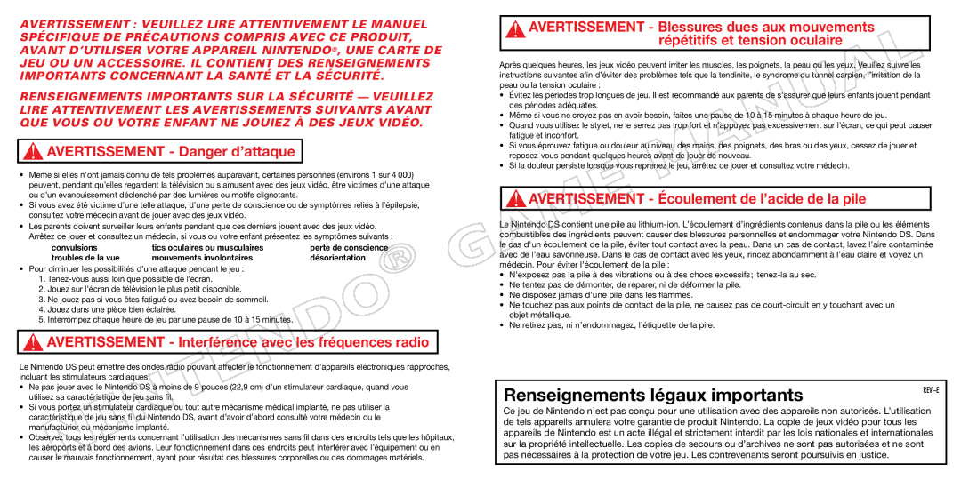 Nintendo 69178A manual Renseignements légaux importants 