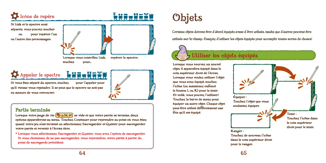 Nintendo 69178A manual Objets, Utiliser les objets équipés, Icône de repère, Appeler le spectre, Partie terminée 