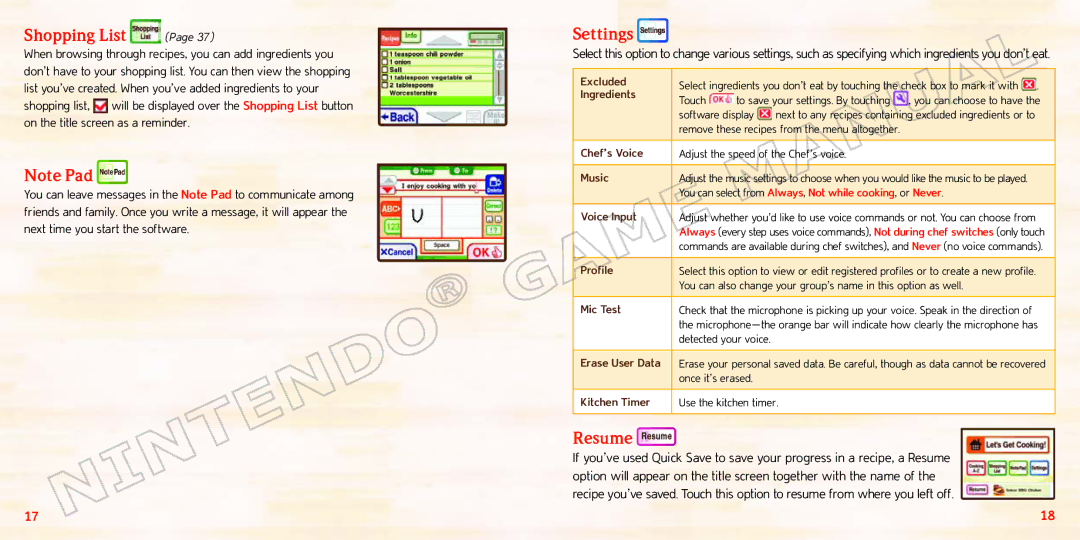 Nintendo 70277A manual Shopping List, Settings, Resume 