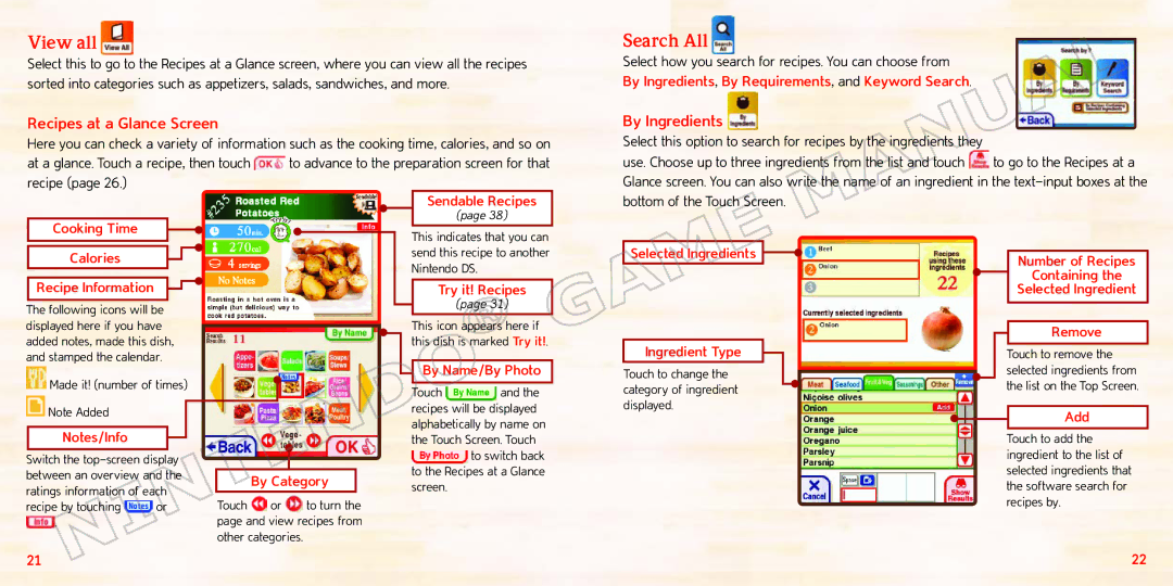 Nintendo 70277A View all, Search All, By Ingredients, By Requirements, and Keyword Search, Cooking Time Sendable Recipes 