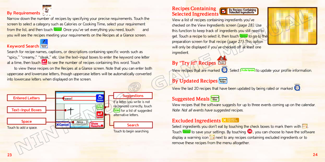 Nintendo 70277A manual Recipes Containing Selected Ingredients, By Try it! Recipes, By Updated Recipes, Suggestions, Search 