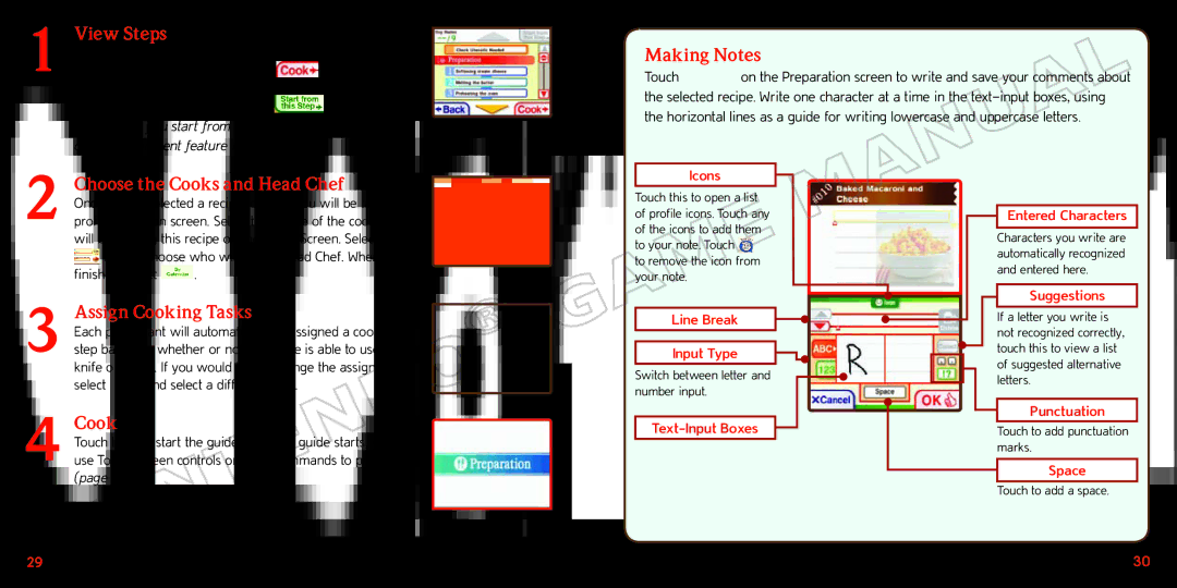 Nintendo 70277A manual View Steps, Making Notes, Choose the Cooks and Head Chef, Assign Cooking Tasks, Icons, Punctuation 