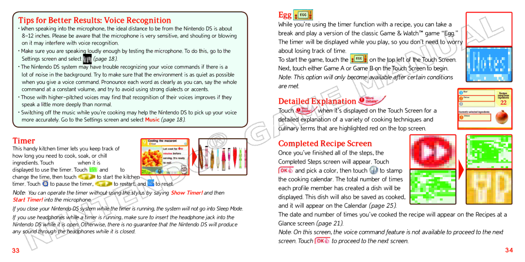 Nintendo 70277A manual Tips for Better Results Voice Recognition, Timer, Egg, Detailed Explanation, Completed Recipe Screen 