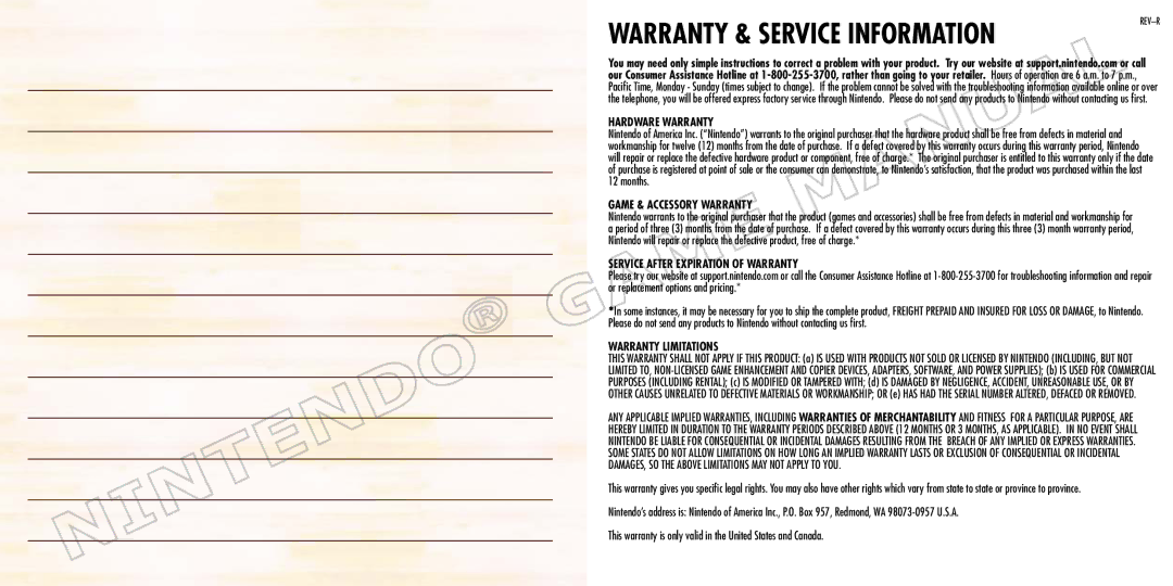 Nintendo 70277A manual Warranty & S ERVICE Information 