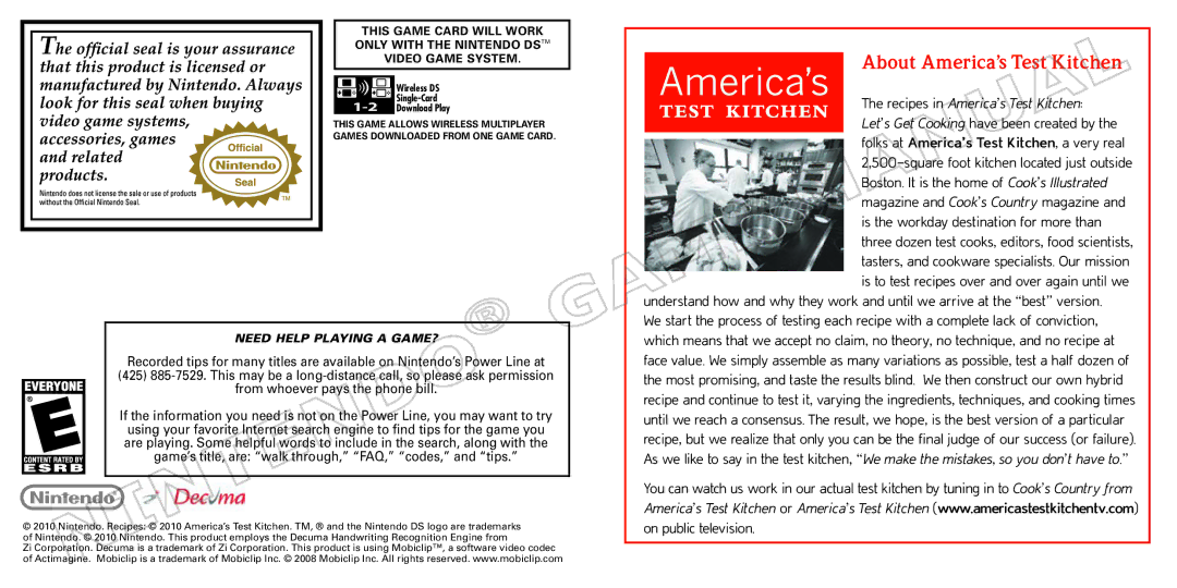 Nintendo 70277A manual About America’s Test Kitchen 