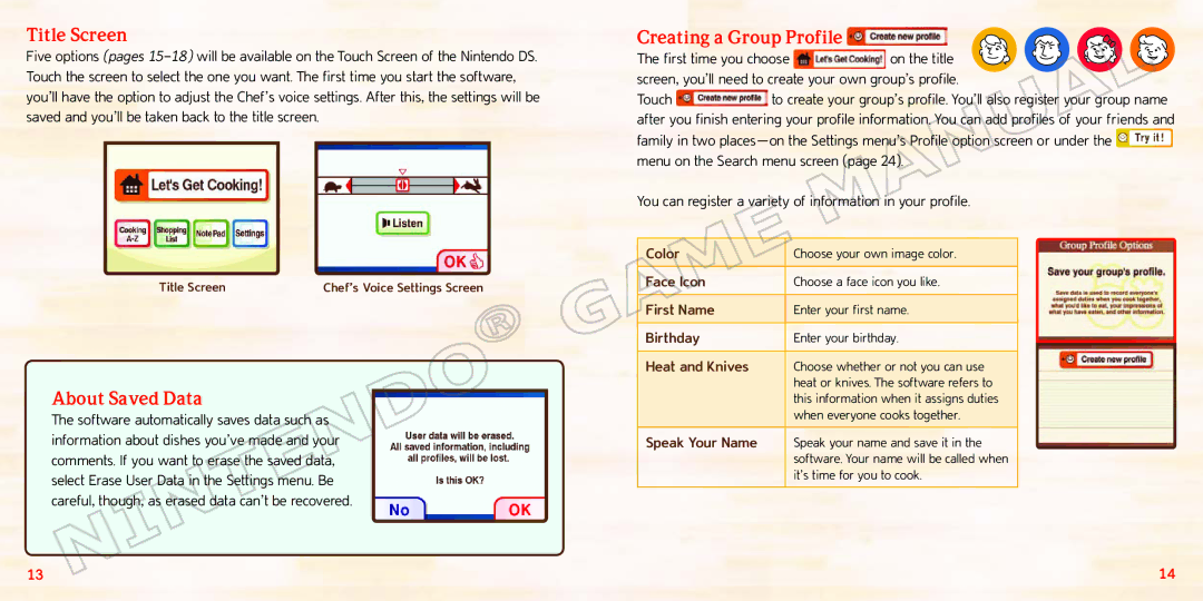 Nintendo 70277A manual Title Screen, About Saved Data, Creating a Group Profile 