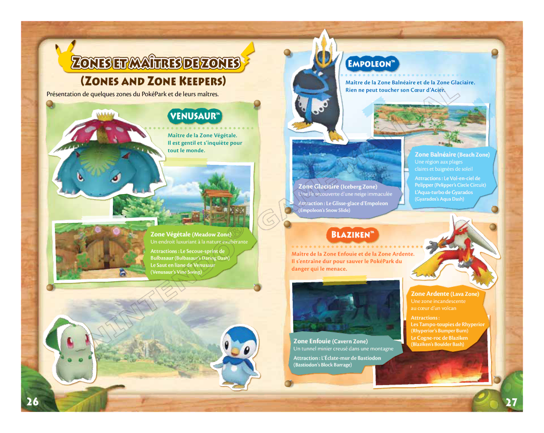 Nintendo 71573A manual Zones et maîtres de zones, Zones and Zone Keepers, Venusaur Empoleon 