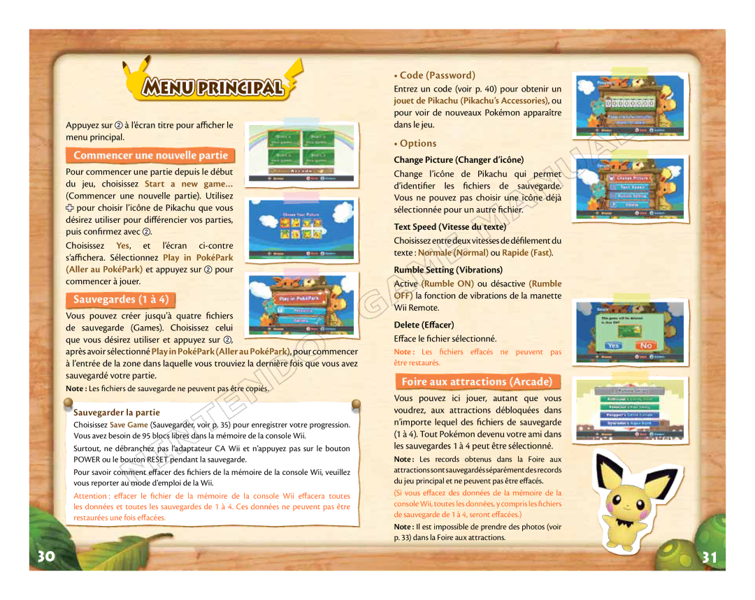 Nintendo 71573A manual Menu principal, Commencer une nouvelle partie, Sauvegardes 1 à, Foire aux attractions Arcade 