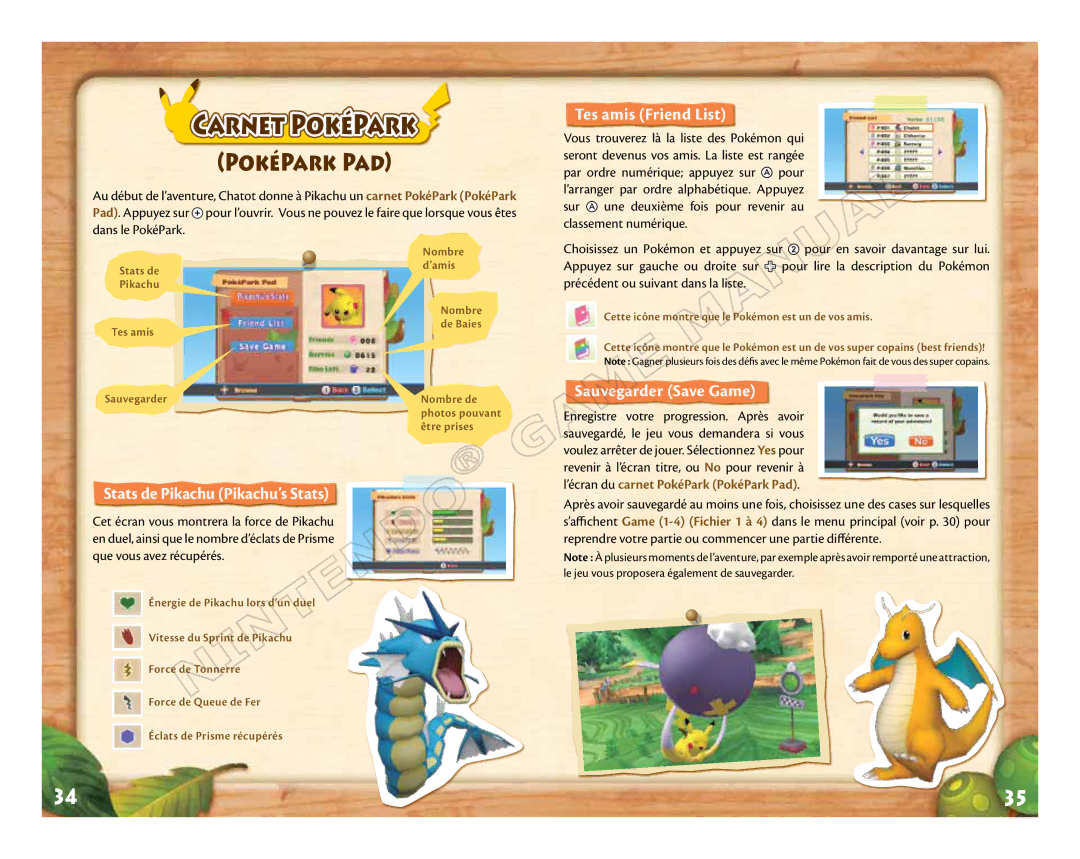 Nintendo 71573A manual Carnet PokéPark, PokéPark Pad, Tes amis Friend List, Stats de Pikachu Pikachu’s Stats 