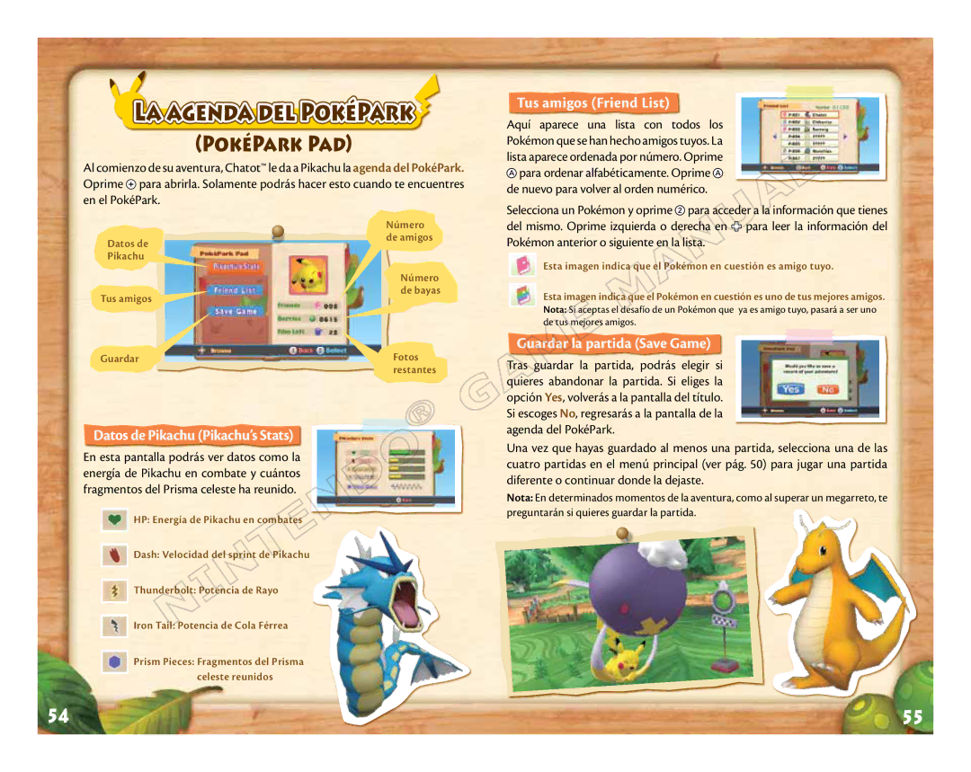 Nintendo 71573A manual La agenda del PokéPark, Tus amigos Friend List, Guardar la partida Save Game, Guardar Fotos 