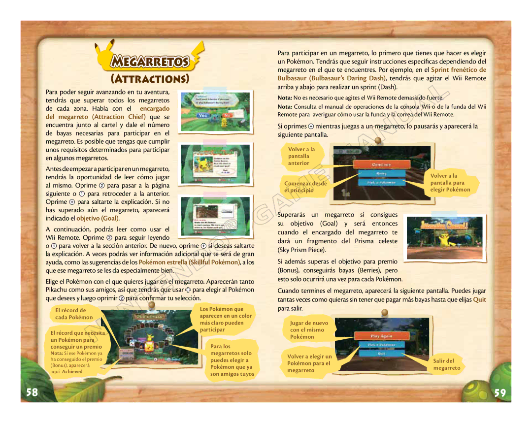 Nintendo 71573A manual Megarretos, Attractions, Volver a elegir un Salir del Pokémon para el 