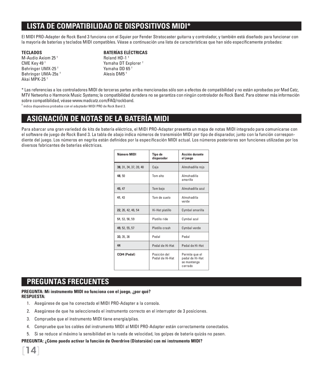 Nintendo 96071 Lista de compatibilidad de dispositivos Midi, Asignación de notas de la batería Midi, Preguntas frecuentes 