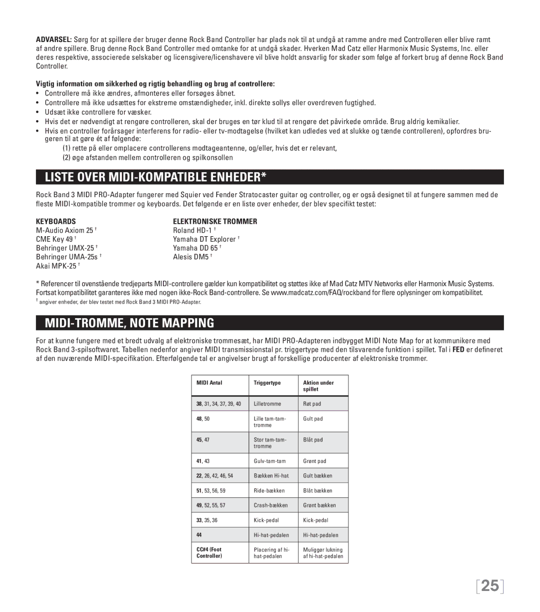 Nintendo 96071 manual Liste over MIDI-kompatible enheder, MIDI-tromme, Note Mapping, Elektroniske trommer 