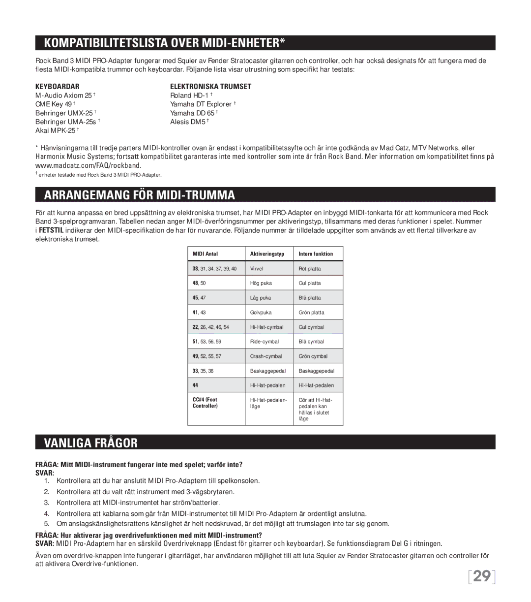 Nintendo 96071 manual Kompatibilitetslista over MIDI-enheter, Arrangemang för MIDI-trumma, Vanliga frågor 