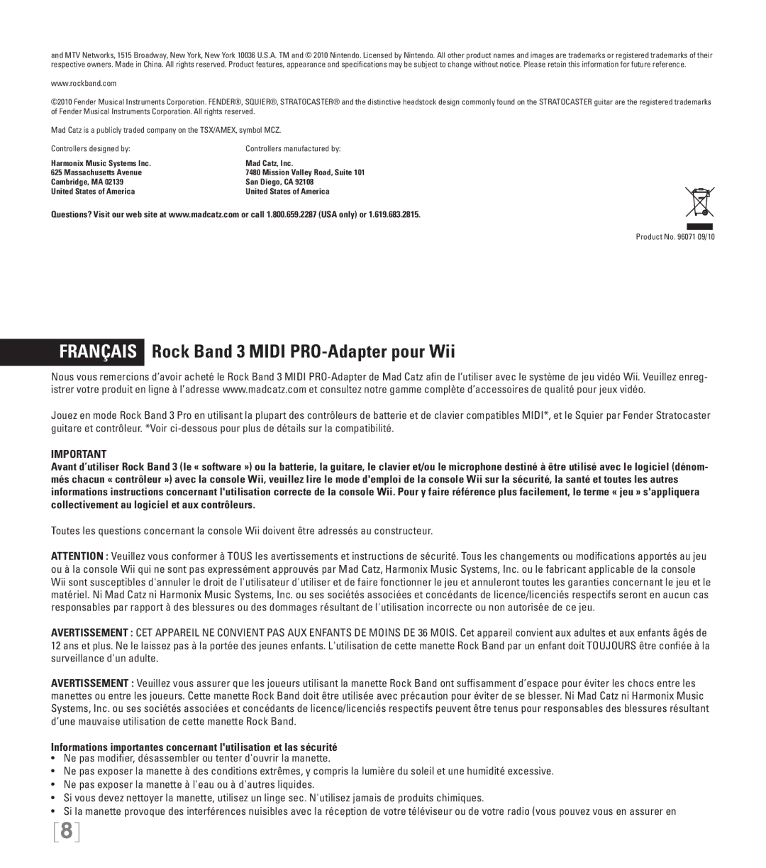 Nintendo 96071 manual Français Rock Band 3 Midi PRO-Adapter pour Wii, Cambridge, MA San Diego, CA United States of America 