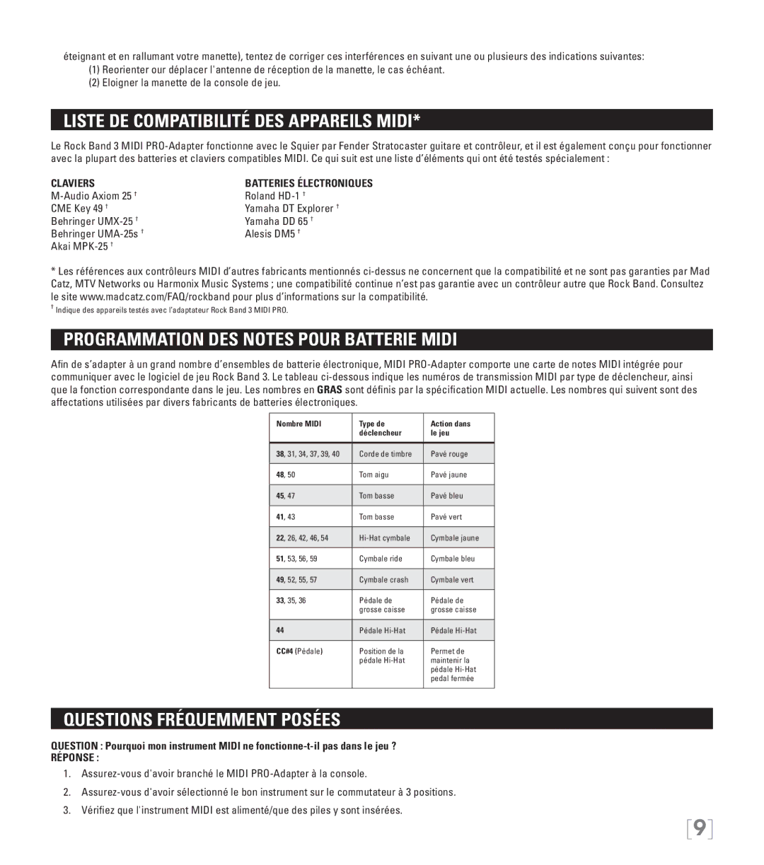 Nintendo 96071 manual Liste de compatibilité des appareils Midi, Programmation des notes pour batterie Midi, Réponse 