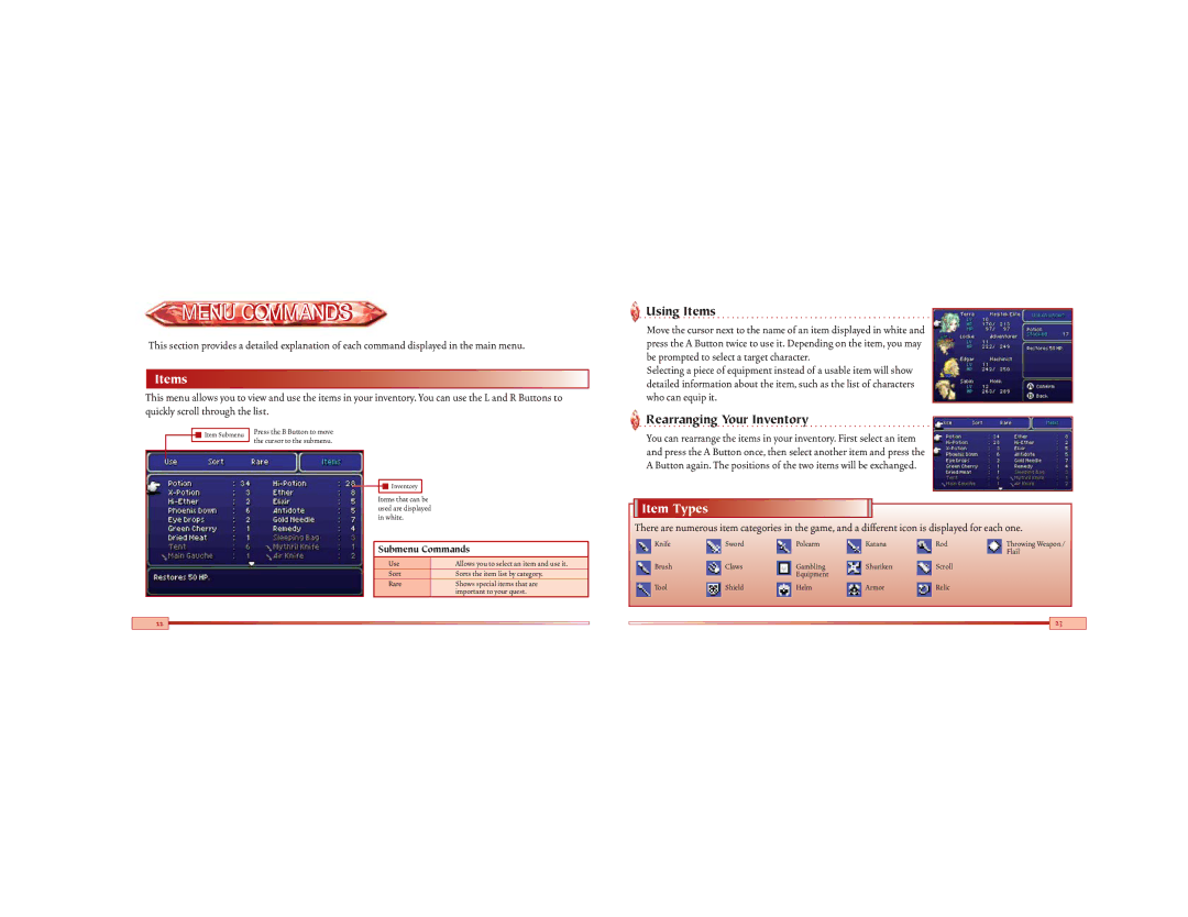 Nintendo Final Fantasy VI Advance, AGB-BZ6E-USA Menu Commands, Using Items, Rearranging Your Inventory, Item Types 