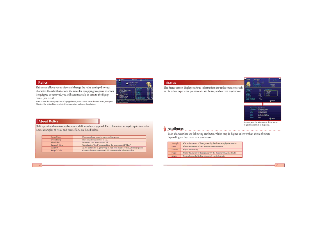 Nintendo Final Fantasy VI Advance, AGB-BZ6E-USA manual About Relics, Status, Attributes 