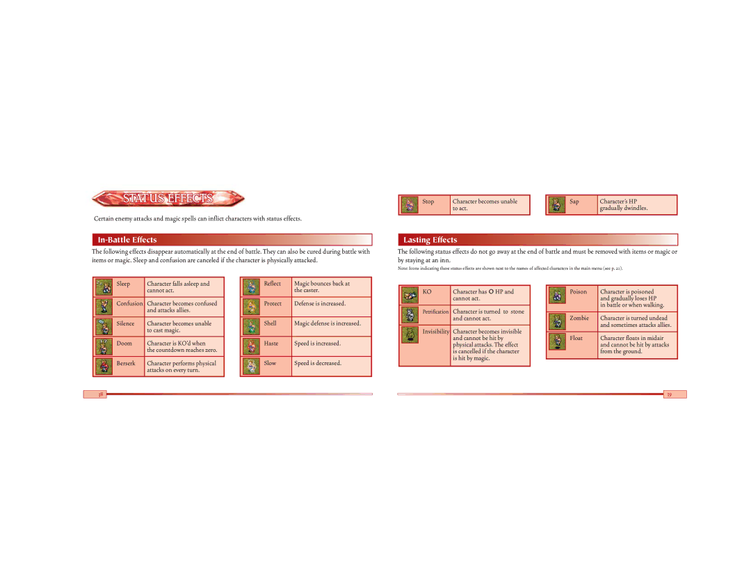Nintendo Final Fantasy VI Advance, AGB-BZ6E-USA manual Status Effects, In-Battle Effects, Lasting Effects 