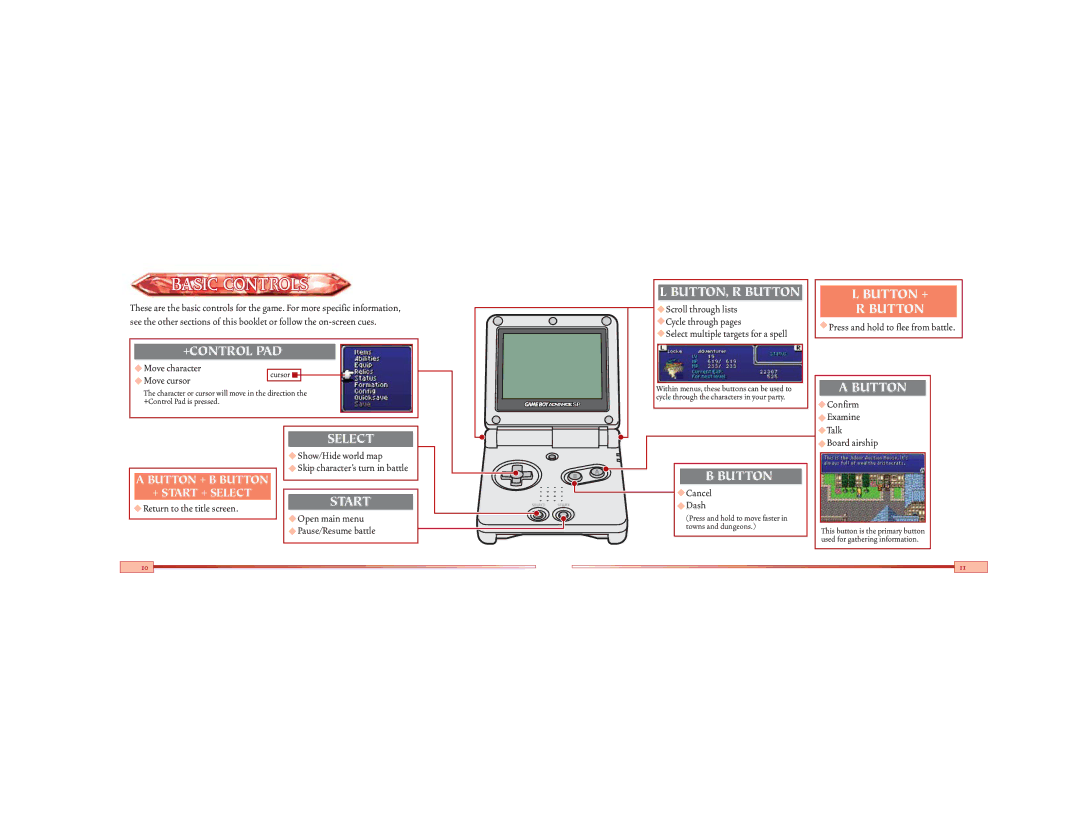 Nintendo Final Fantasy VI Advance, AGB-BZ6E-USA manual Basic Controls, Button + 