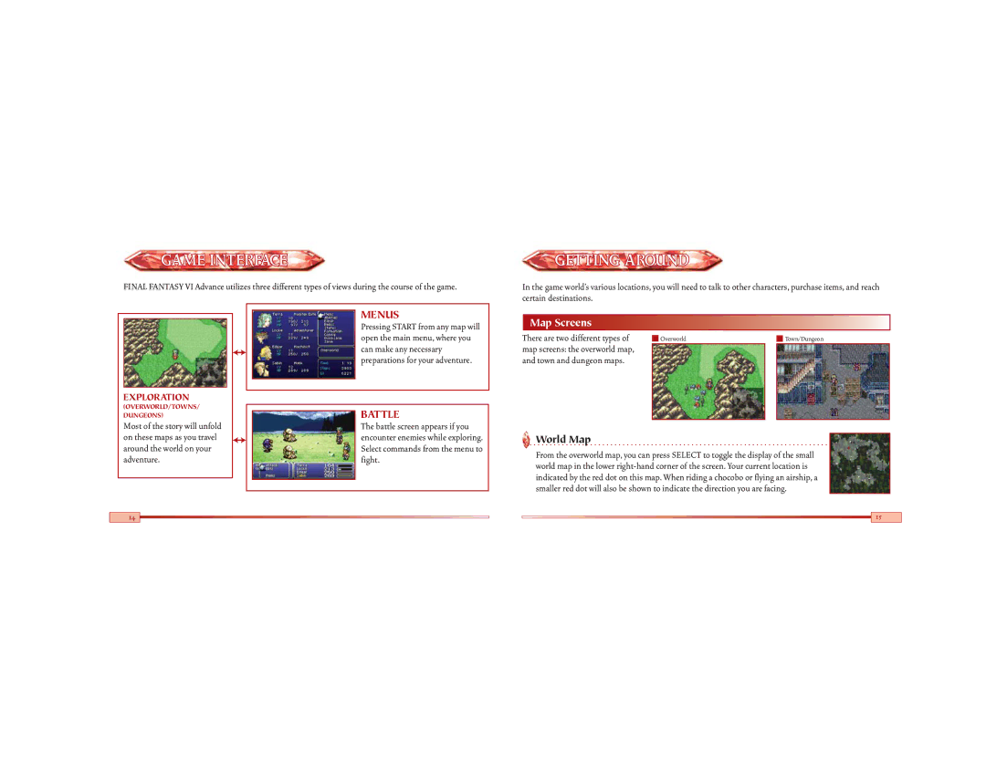 Nintendo Final Fantasy VI Advance, AGB-BZ6E-USA manual Game Interface, Getting Aroundround, Map Screens, World Map 