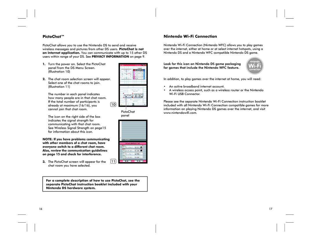 Nintendo DS Lite manual PictoChat, Nintendo Wi-Fi Connection 