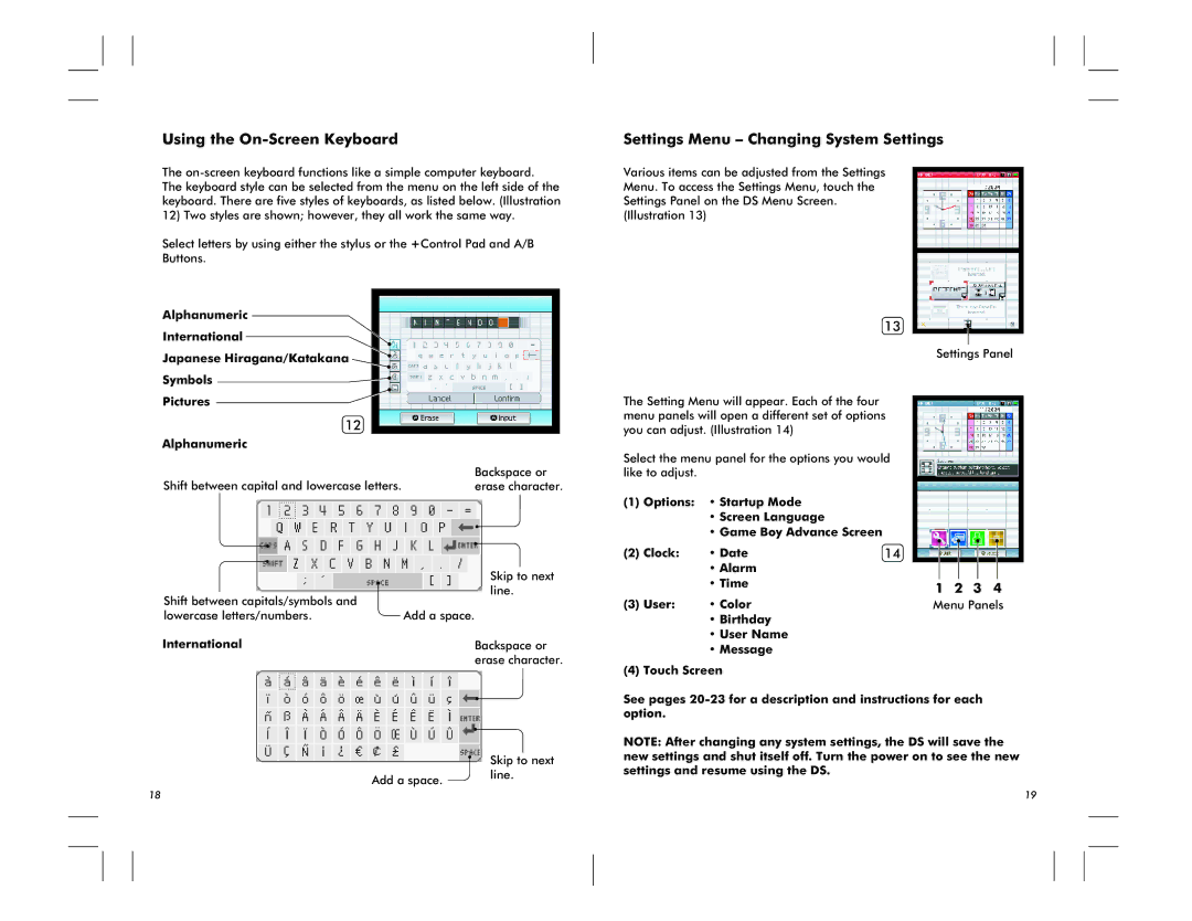 Nintendo DS Lite manual Using the On-Screen Keyboard, Settings Menu Changing System Settings, Pictures Alphanumeric 