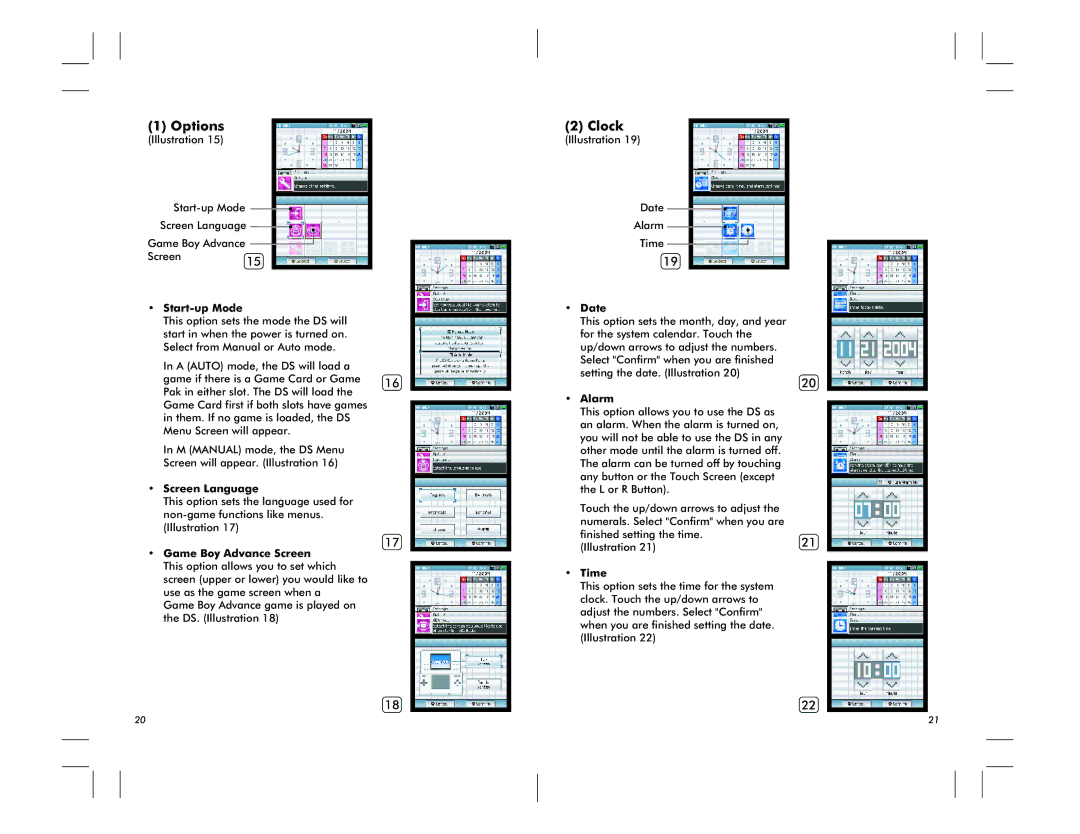 Nintendo DS Lite manual Options, Clock, Start-up Mode 