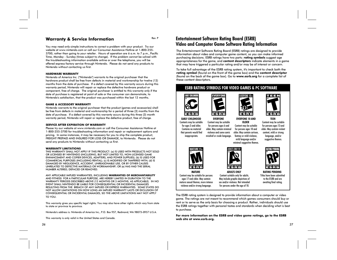 Nintendo DS Lite manual Warranty & Service Information, Hardware Warranty 