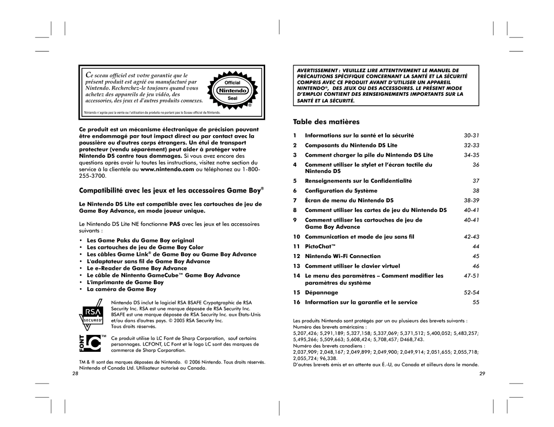 Nintendo DS Lite manual Compatibilité avec les jeux et les accessoires Game Boy, Table des matières 