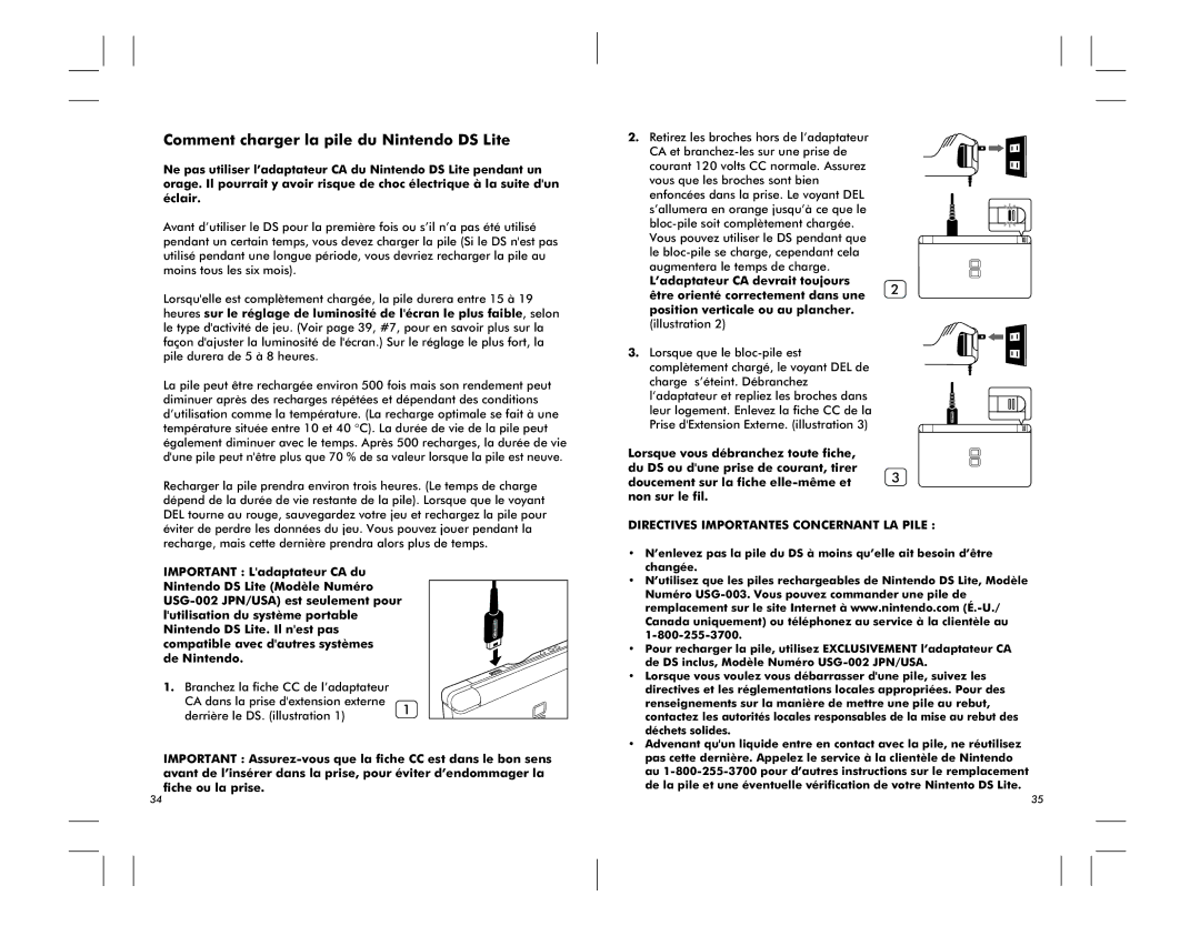 Nintendo manual Comment charger la pile du Nintendo DS Lite, Doucement sur la fiche elle-même et 3 non sur le fil 