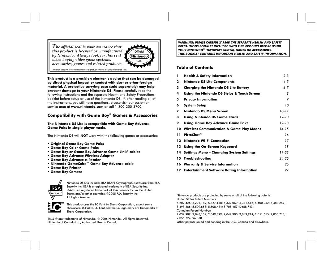 Nintendo DS Lite manual Compatibility with Game Boy Games & Accessories, Table of Contents 