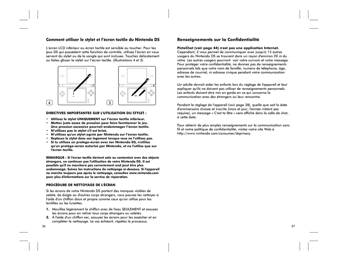 Nintendo DS Lite manual Renseignements sur la Confidentialité, Directives Importantes SUR Lutilisation DU Stylet 