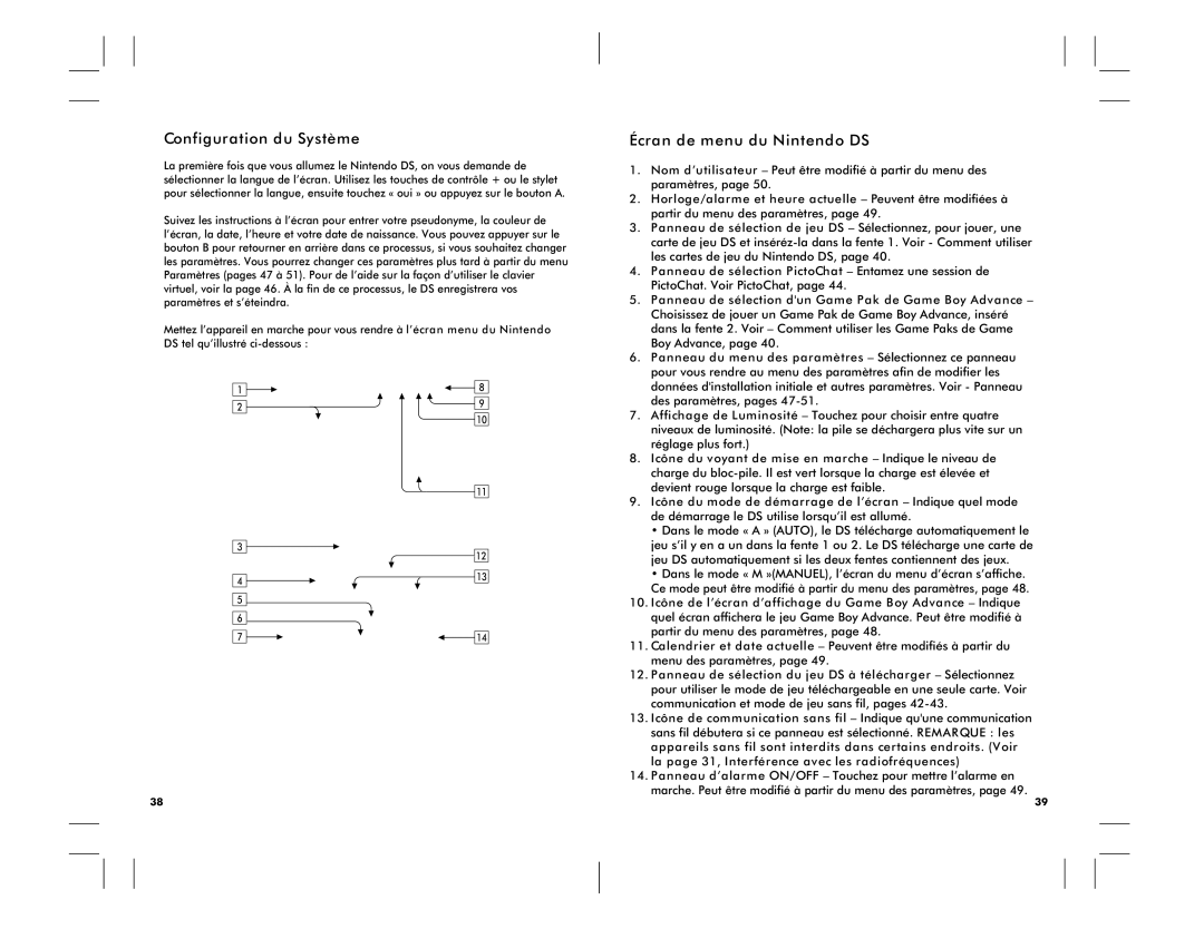 Nintendo DS Lite manual Configuration du Système, Écran de menu du Nintendo DS 