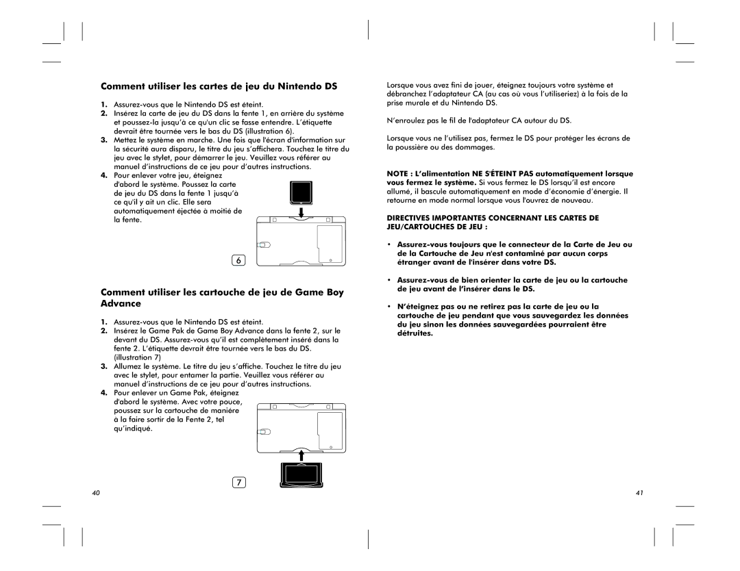 Nintendo DS Lite manual Comment utiliser les cartes de jeu du Nintendo DS 