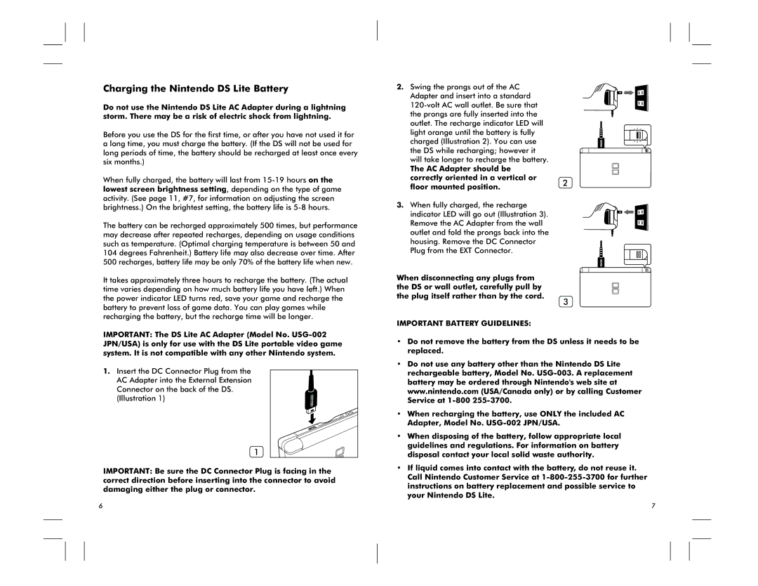 Nintendo manual Charging the Nintendo DS Lite Battery, Important Battery Guidelines 