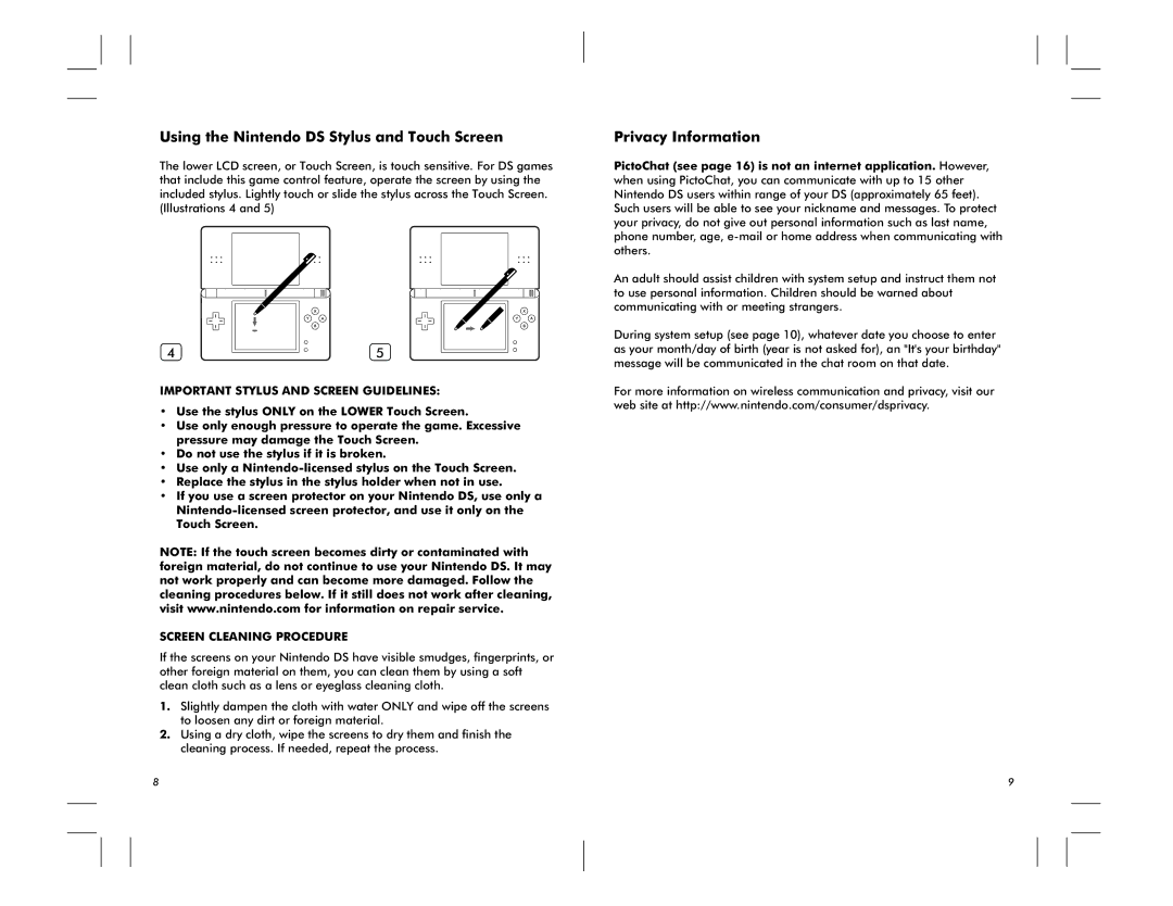 Nintendo DS Lite manual Using the Nintendo DS Stylus and Touch Screen, Privacy Information, Screen Cleaning Procedure 