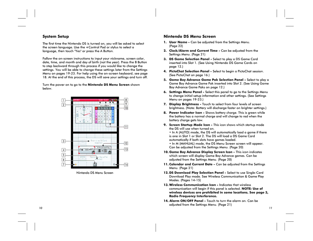 Nintendo DS Lite manual System Setup, Nintendo DS Menu Screen 