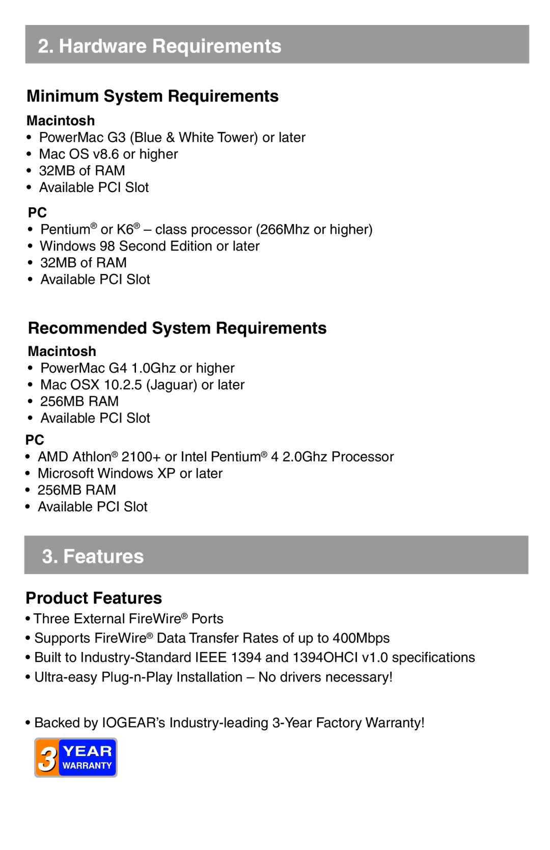 Nintendo GIC430F quick start Hardware Requirements, Features 