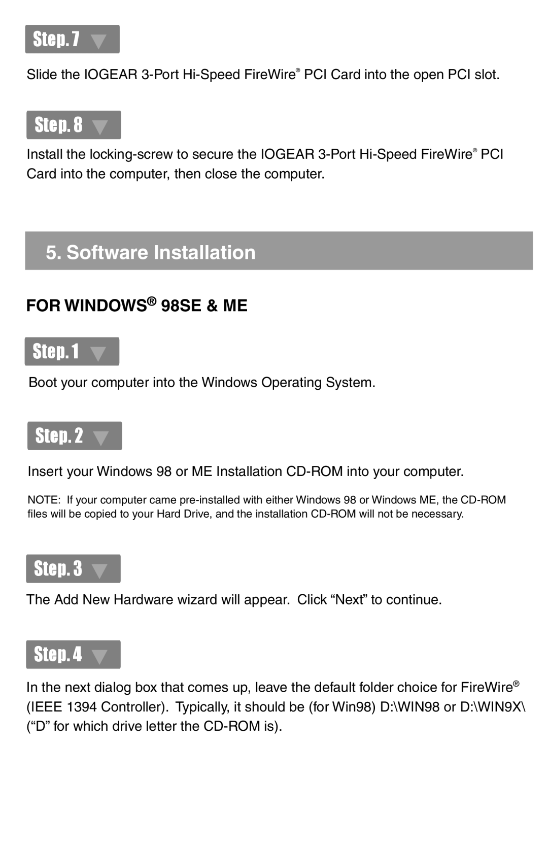 Nintendo GIC430F quick start Software Installation, For Windows 98SE & ME 