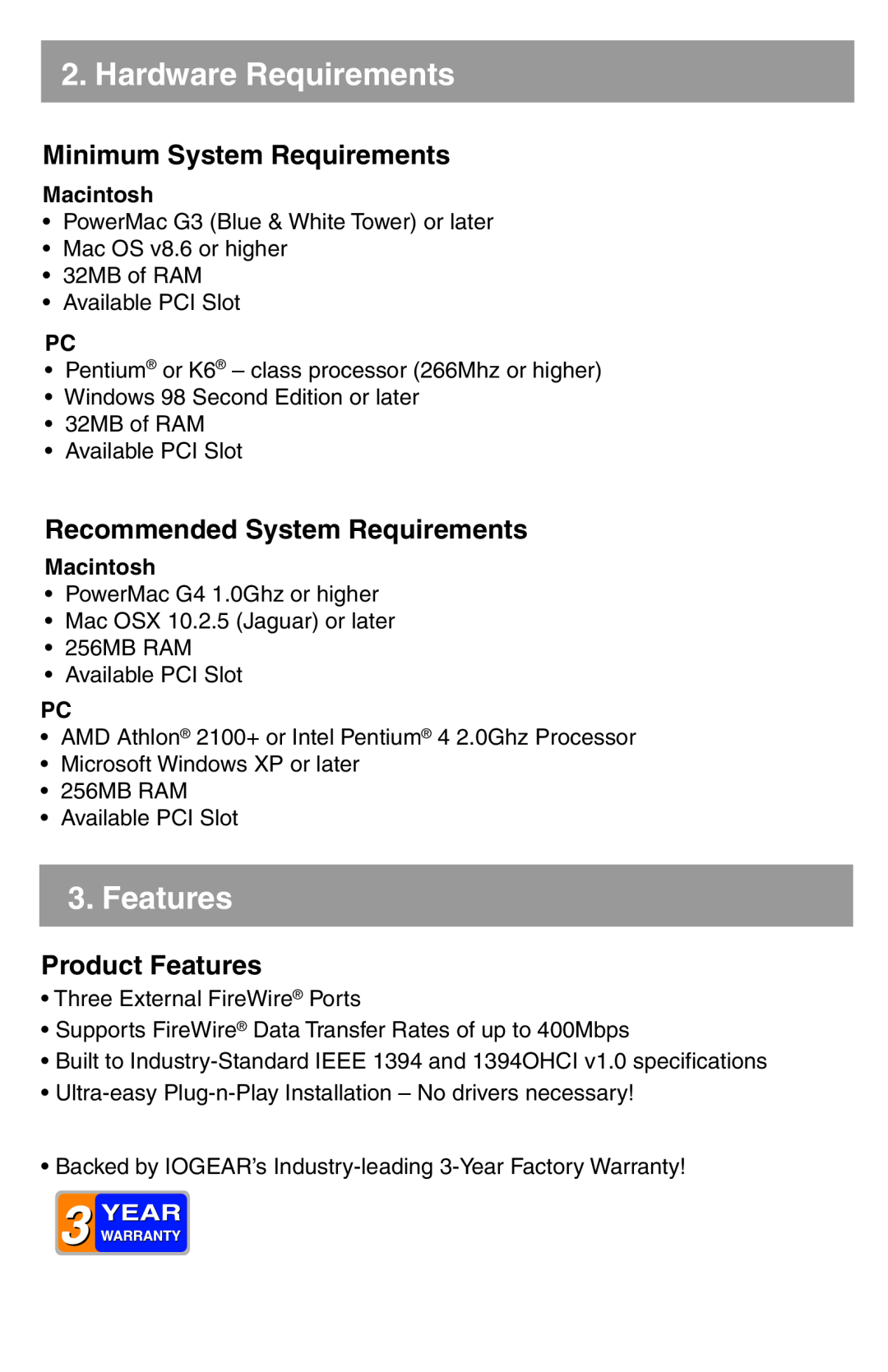 Nintendo GIC430F Hardware Requirements, Features, Minimum System Requirements, Recommended System Requirements, Macintosh 