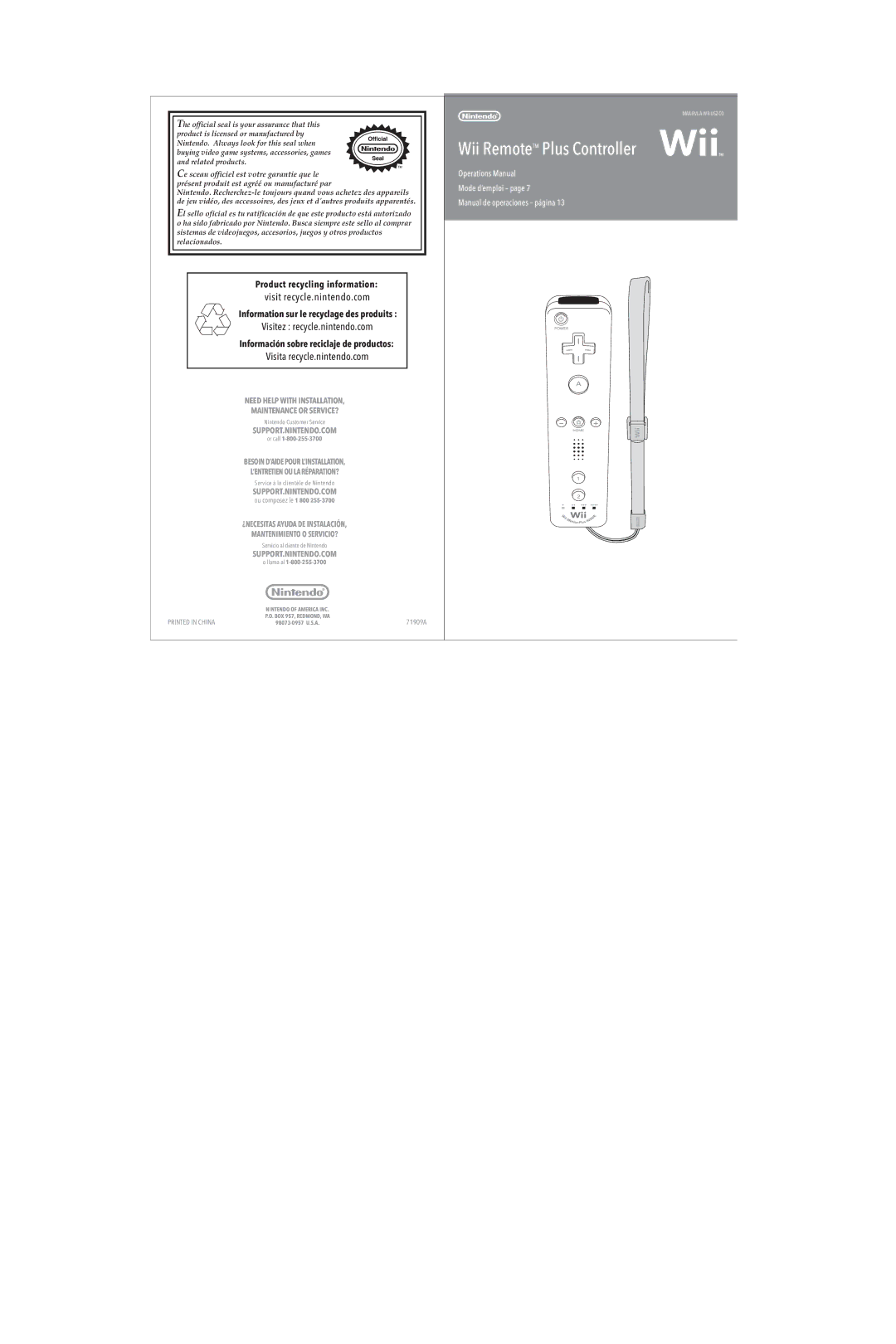 Nintendo MAA-RVL-A-WR-USZ-C0 instruction manual Wii RemoteTM Plus Controller 