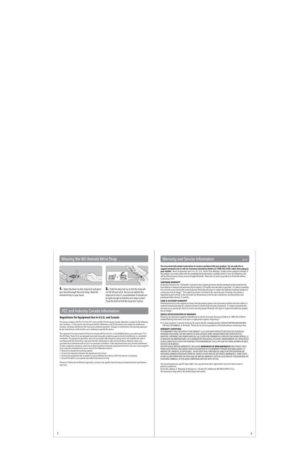 Nintendo MAA-RVL-A-WR-USZ-C0 instruction manual Wearing the Wii Remote Wrist Strap, FCC and Industry Canada Information 