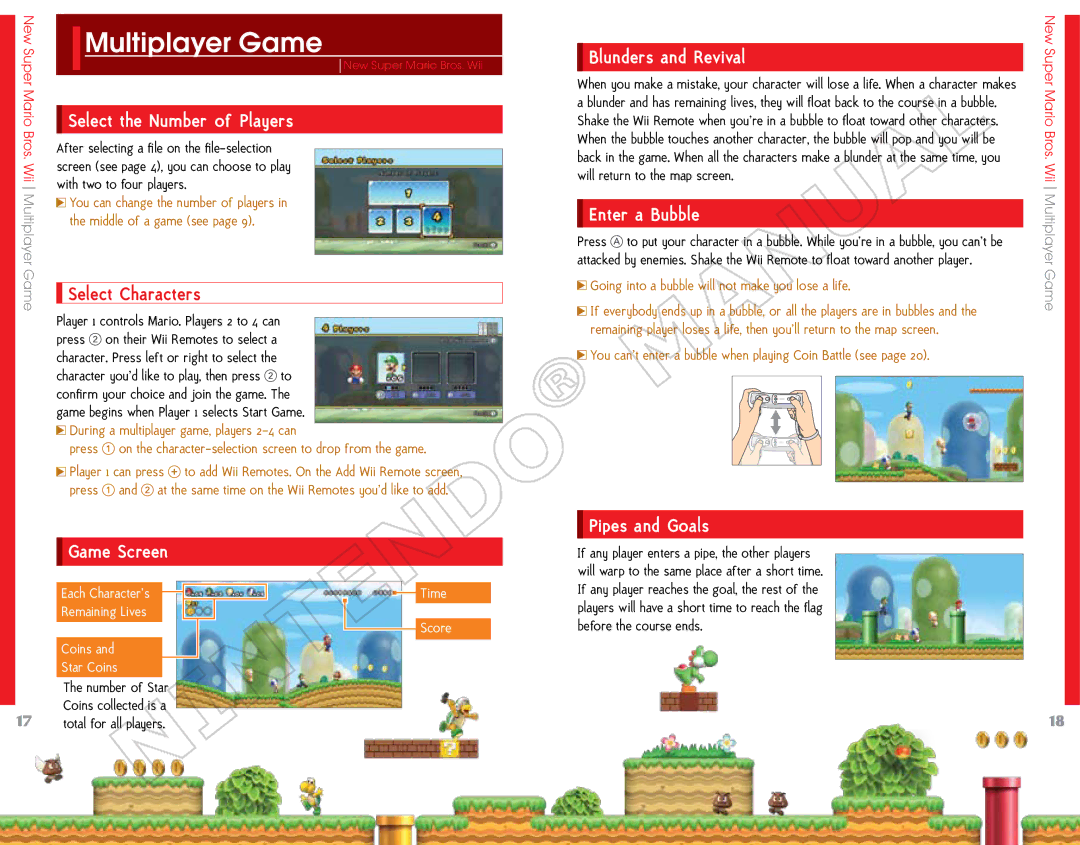 Nintendo 69151A, NSMBW Multiplayer Game, Select the Number of Players, Game Screen Blunders and Revival, Enter a Bubble 